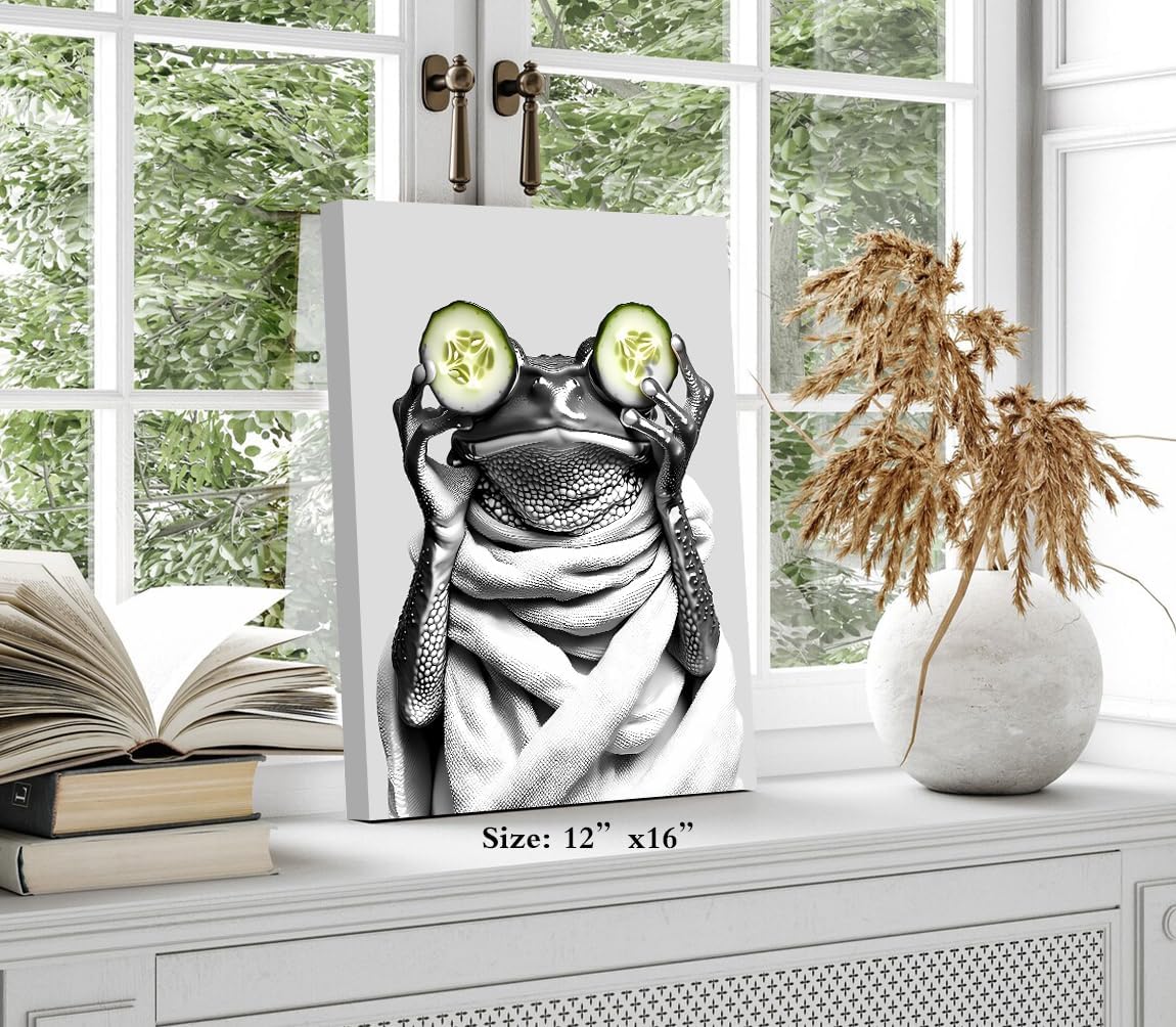 Framed Funny Frog Bathroom Wall Art Prints,Black and White Canvas Art Print,Kid's Room Wall Art,Toilet Humor Adorable Frog Canvas Prints for Bathroom Kitchen Wall Decor Set of 3(12"x16")
