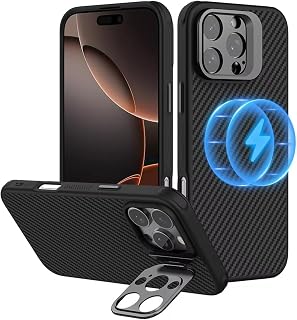 Fodral för iPhone 16 Pro Max/16 Pro, kompatibelt med MagSafe material för flygplanskvalitet, äkta Kevlarskal, Aramidfiberfodral med metallkameralins osynligt stativ (svart, 1, 16 Pro Max)