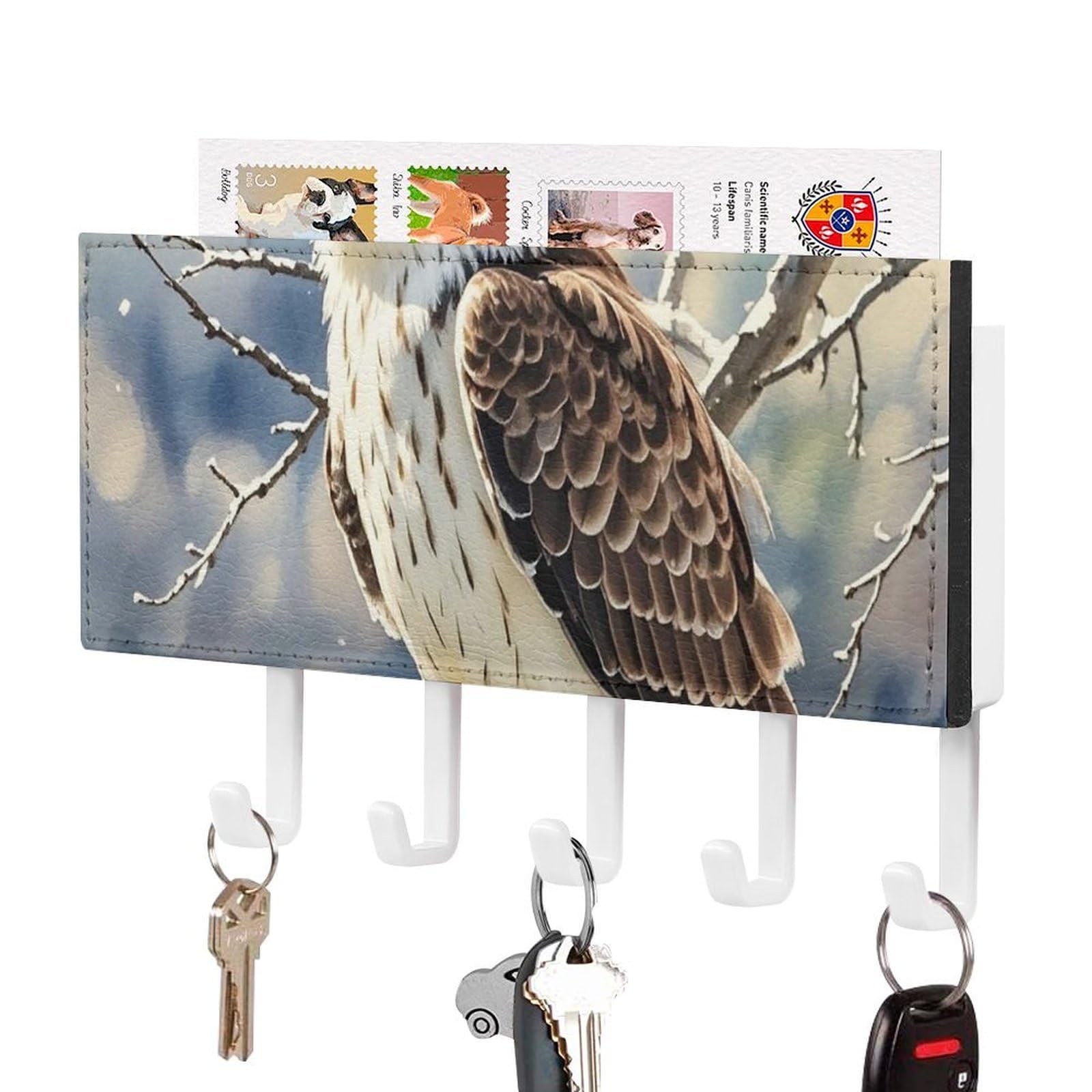 Fekiloot White-Style Hawk Key Holder Wall Mount Key Hanger With 5 Hooks Decorative Key Rack Hanging Key Hooks With Mail Organizer Key Holder For Wall Living Room Kitchen Bathroom Hallway White
