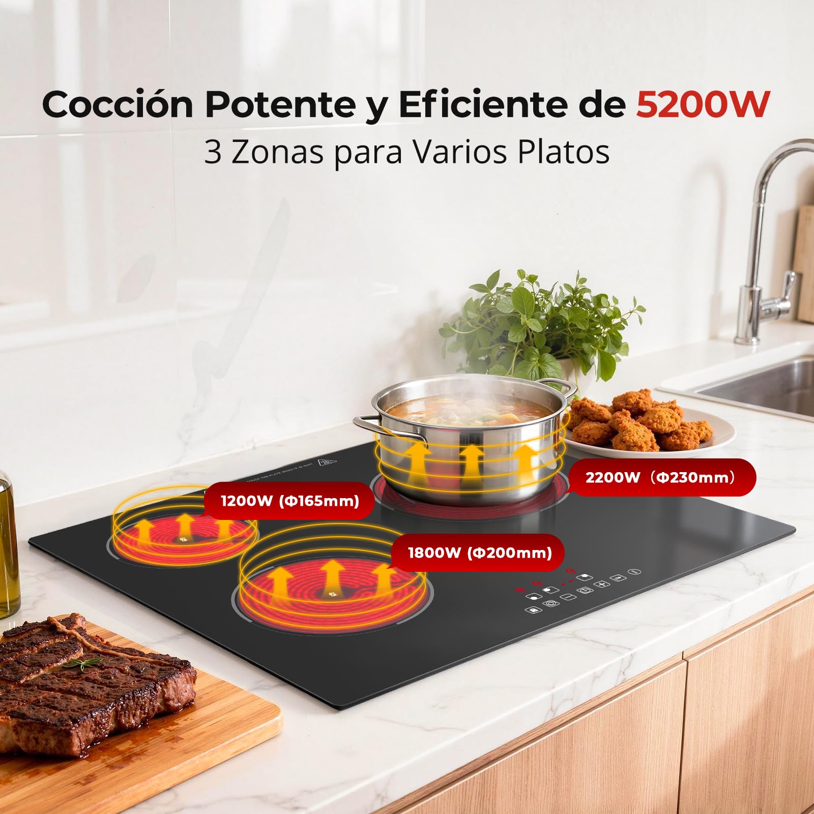 SNDOAS Placa Vitrocerámica 3 Fuegos 5200W, Vitroceramica 3 Zonas de Cocina (1200W+1800W+2200W), 9 Niveles de Calor, Seguridad para Niños, Temporizador 99 Min, Compatible con Todos los Utensilios - 3