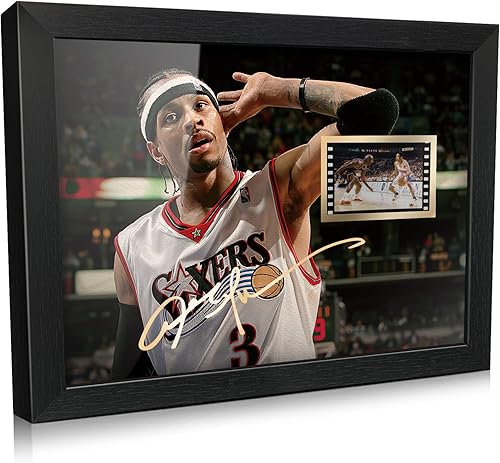 ORIMAMI Póster firmado de jugador de baloncesto Allen Ezail Iverson enmarcado con foto de 8x6 pulgadas y mini celda de película de 1x35mm, regalos