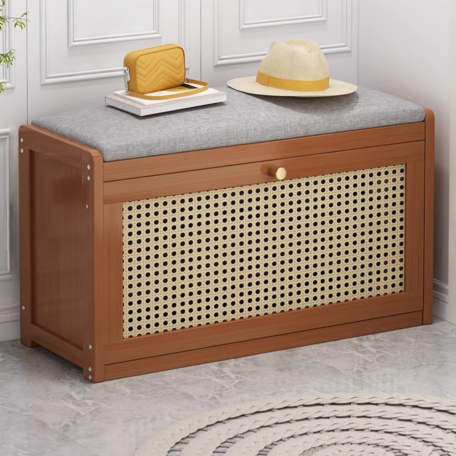 Banc à chaussures d'entrée étroit pour couloir encombré avec assise jaune