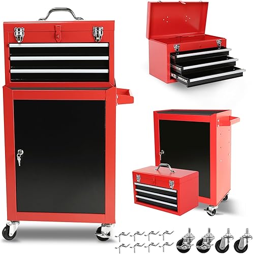 【LuckyNote】Cofre con ruedas con 3 cajones, caja de herramientas con armario de almacenamiento grande y estante ajustable, caja superior portátil