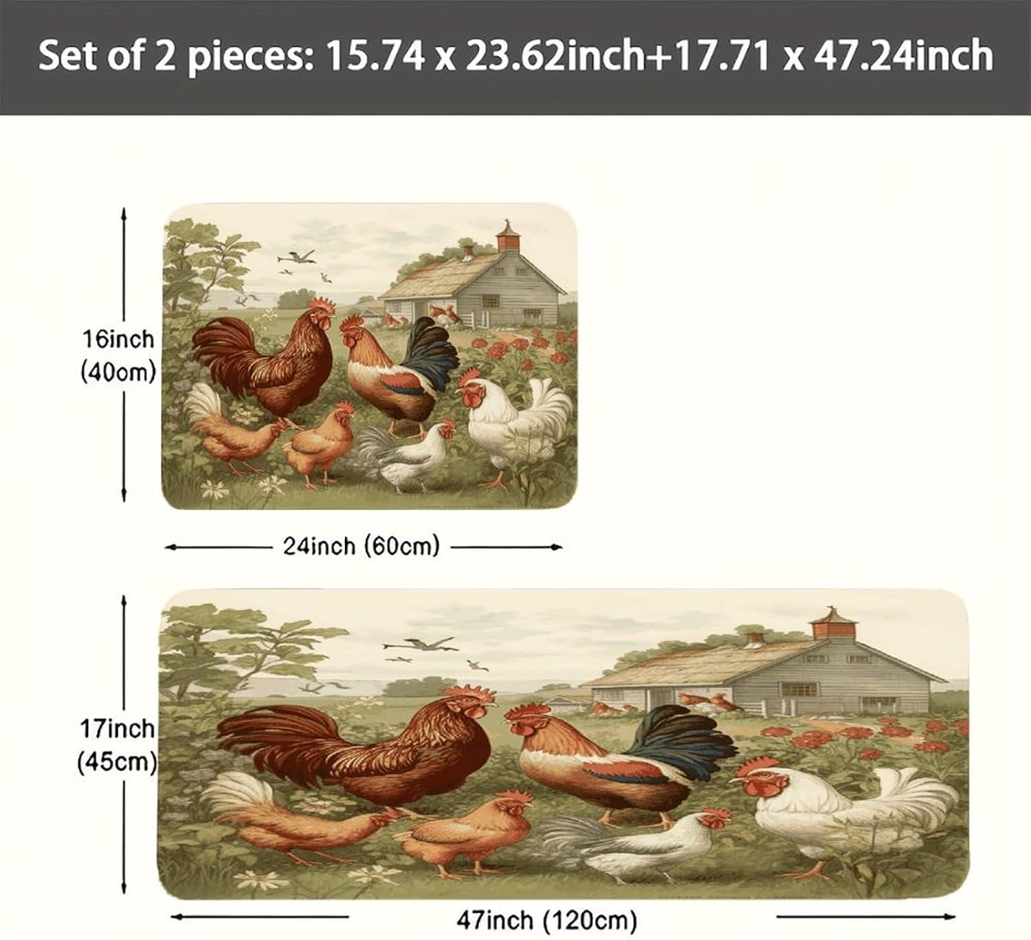 Chickens and Farm Kitchen Mat Kitchen Rug Set | Kitchen Rugs Flannel Velvety Washable breathable Water Absorbent Soft ，kitchen utensils for Kitchen, Floor,Laundry