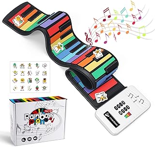 49 Keys Roll Up Piano, Uverbon Portable Kids Piano Keyboard with Fun Stickers, 8 Tones-6 Demo Songs, Rechargeable/Recordable, Digital Folding Electric Piano for Children Kids Beginners