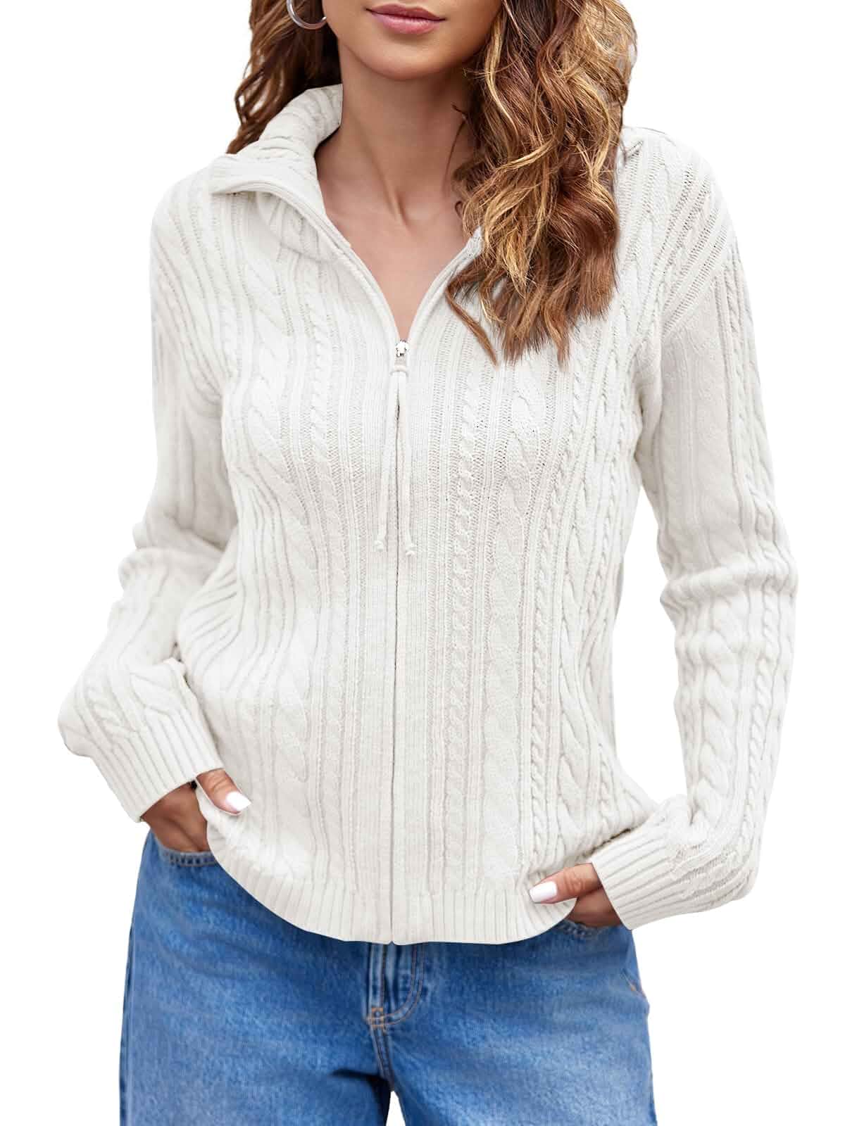 Saodimallsu Womens Cable Knit Cardigan Zip Up Collared Long Sleeve Vintage Sweater Loose Open Front Coats Adult · Long Sleeve