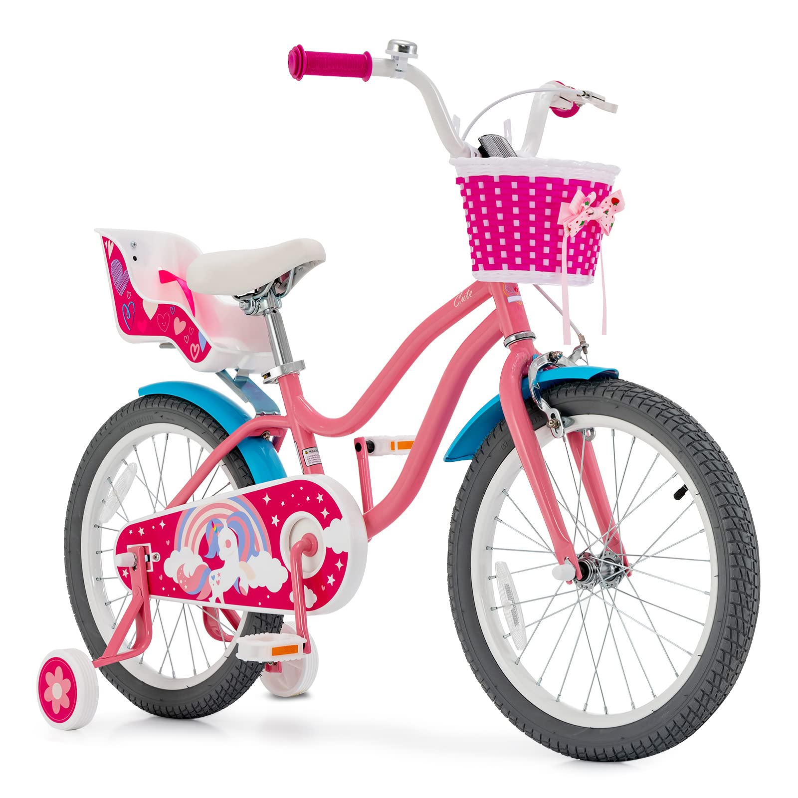 GYMAX Kids Bike, 14 18 Inch Kids Bicycle with Training Wheels,Front Handbrake, Basket, Ring Bell & Doll Chair, Toddler Bike for Boys and Girls Age 3-9 Years (18inch)