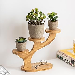 Lxoraziy Mini 3-Tier Bamboo Plant Stand Indoor, Succulent Plant Pot Stand, Desk Organizer Display Rack for Tabletop Windowsill Flower Shelf Garden Home Office Desk Décor