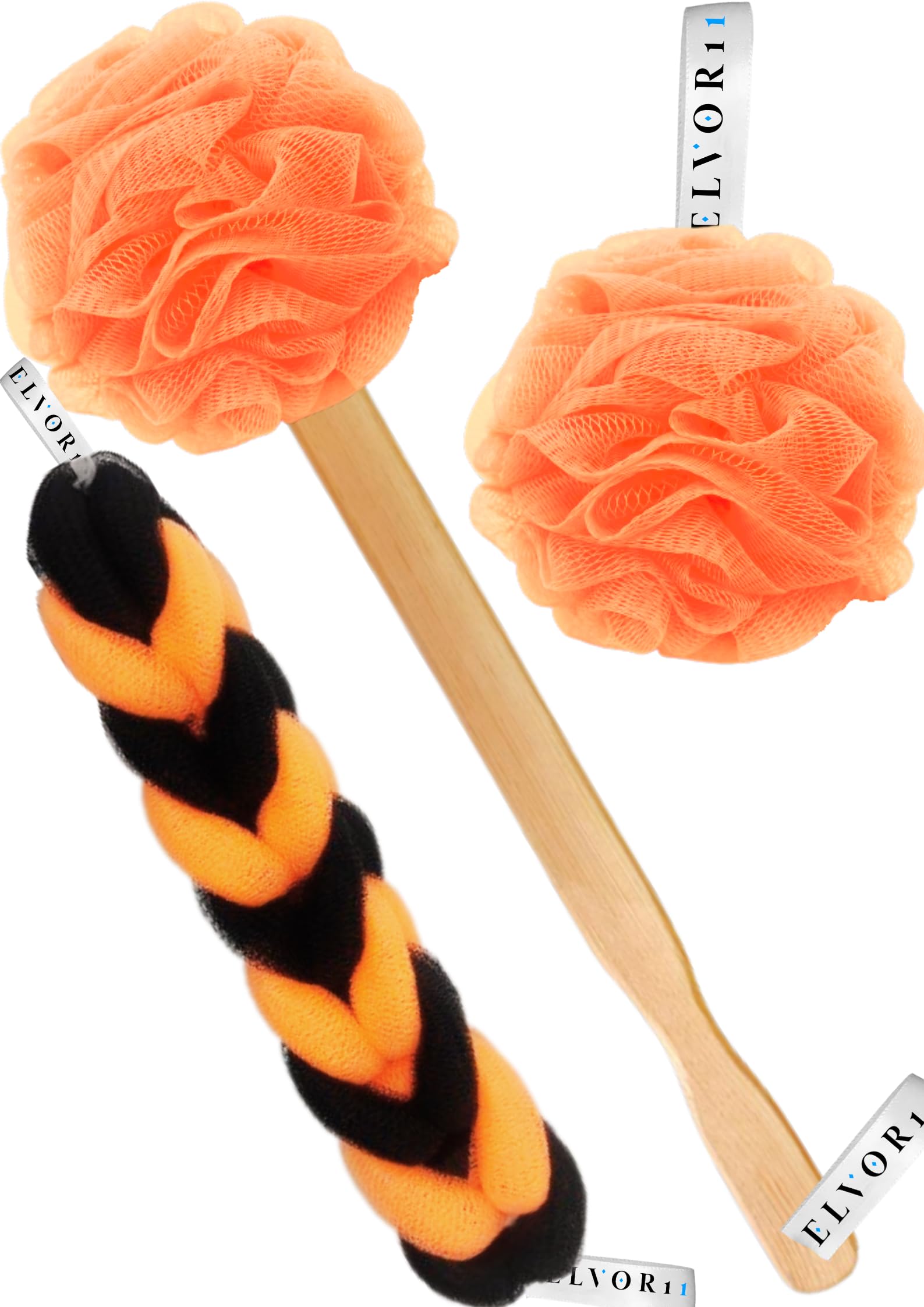 ELVOR11 Bath loofah’s set (set of 3)| Bath Shower Loofah Sponge Scrubber Exfoliator for Women and Men | Long Handle Back Bathing Loofah Brush | Bathing Sponge | loofah belt | (PEACH)…