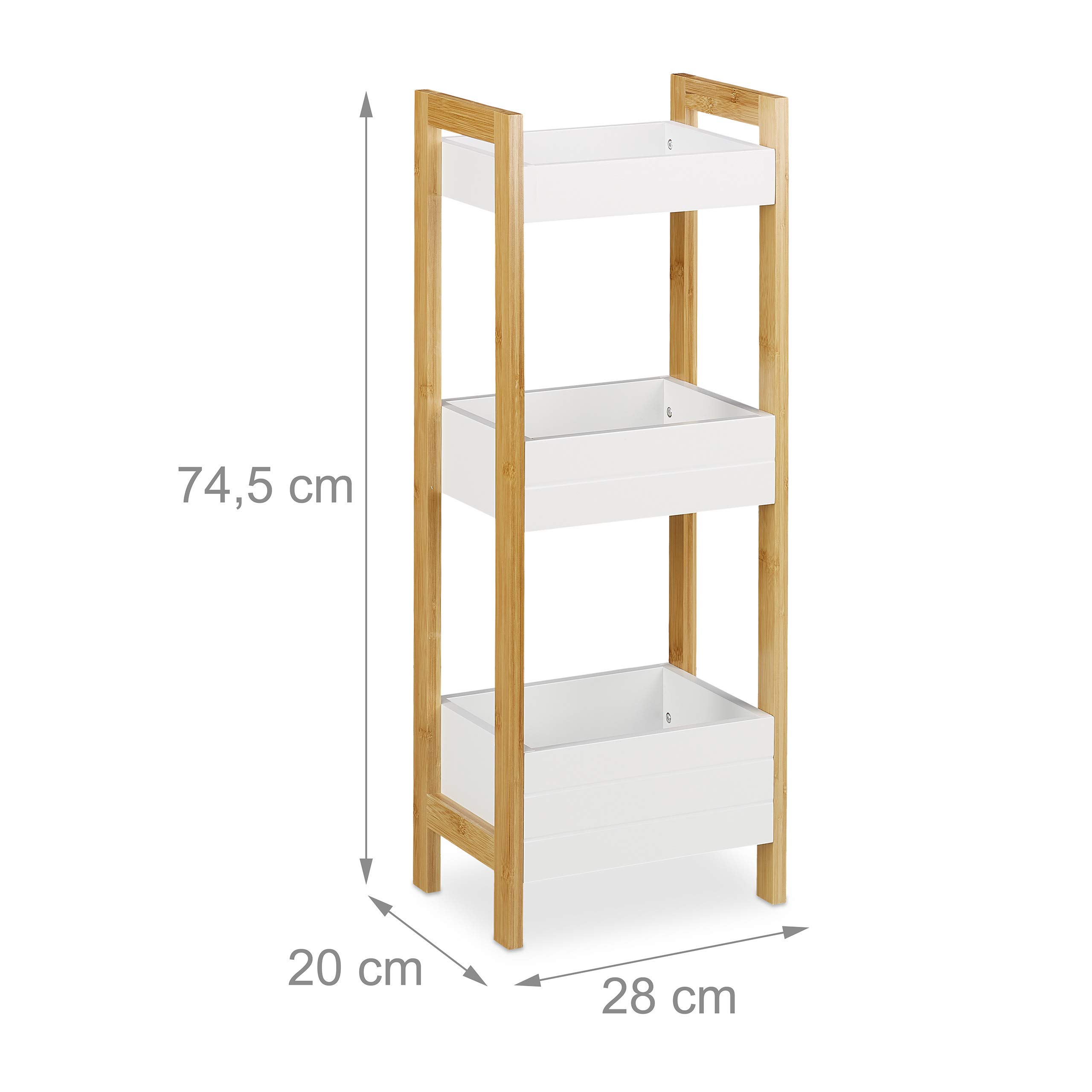 Relaxdays Estantería de baño con 3 cestas, estantería de pie de bambú y MDF, 74,5 x 28 x 20 cm, Independiente, estantería de Cocina, Color Natural/Blanco, 1 Unidad