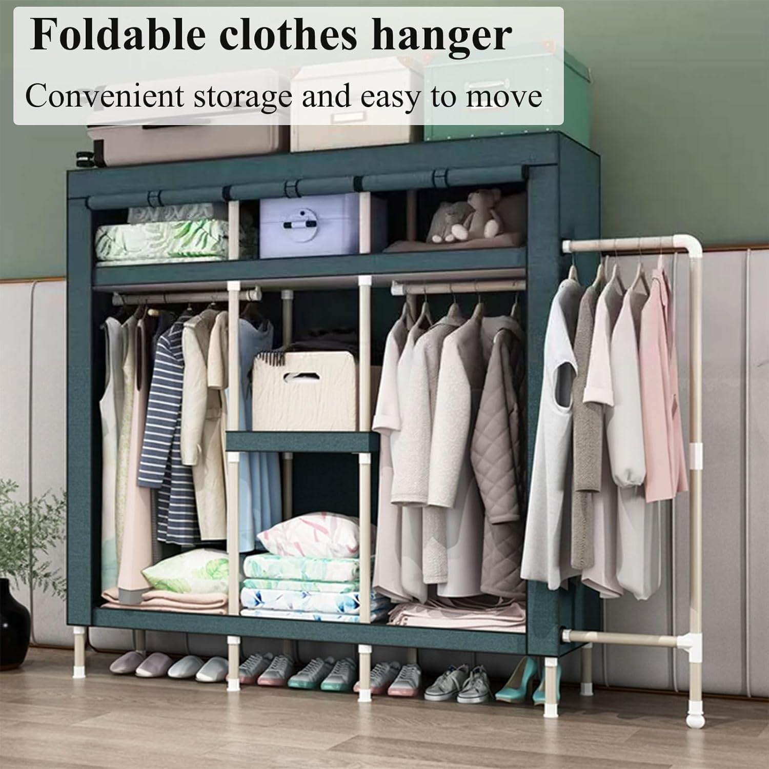 Grande Guardaroba in Tessuto, Guardaroba Portatile con Appendiabiti, Guardaroba da Camera da Letto con Appendiabiti in Acciaio(Green,110cm)