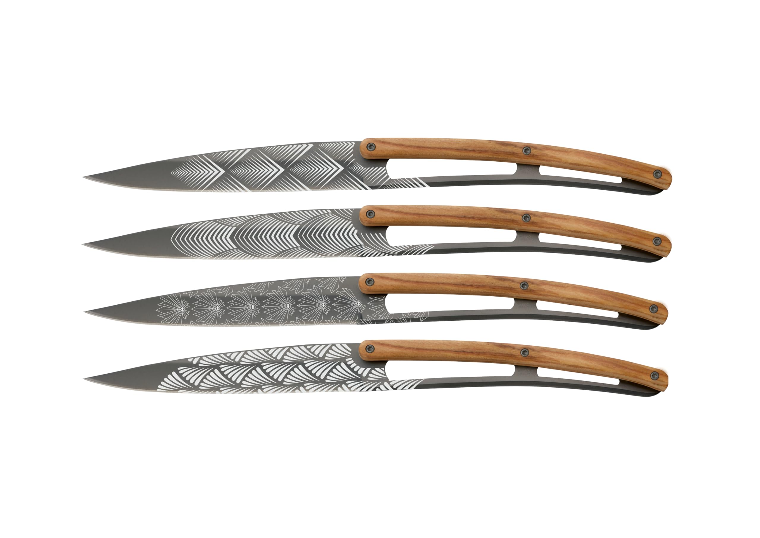 deejo - Set of 4 Steak Knives - Art Déco Design, 9.55-Inch, Stainless Steel Blade, Mirror Finish, Olive Wood Handle - 2 oz Non-Folding Stunning Table Knives