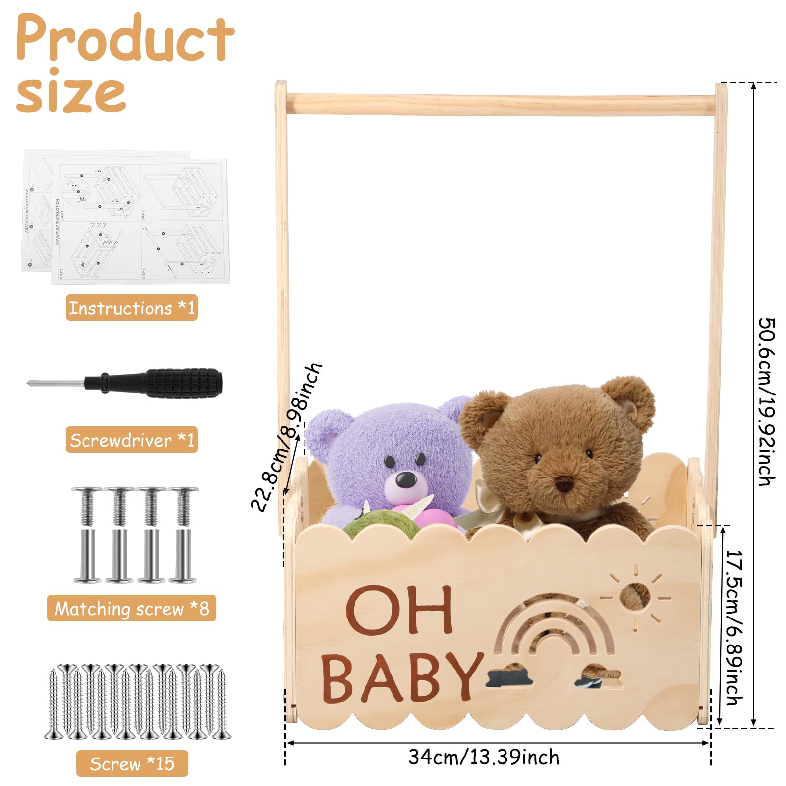 Cassetta Doccia In Legno Per Bambini – Multifunzione Con Maniglia, 34x23x17 Cm – Cesto Regalo Per Neonati, Baby Shower, Cameretta