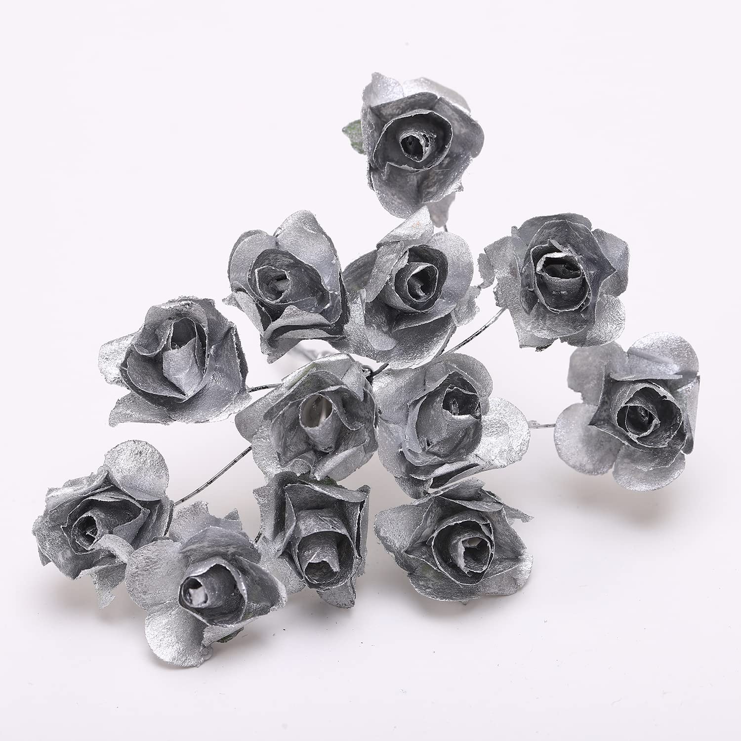 144pcs Mulberry Paper Mini Roses Artificial Flowers Heads with Stems for DIY Crafts Accessories Make Bridal Hair Clips Headbands Dress Wedding Bridal Bouquets Party Home Decor Valentine's (Silver)