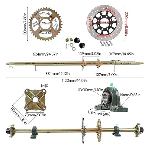 Miniatura 6 de Kit completo de eje vivo, 44 pulgadas, ATV Quad Go Kart Kit de eje vivo trasero, piñón de disco de freno, cubo de rueda de carrito de golf