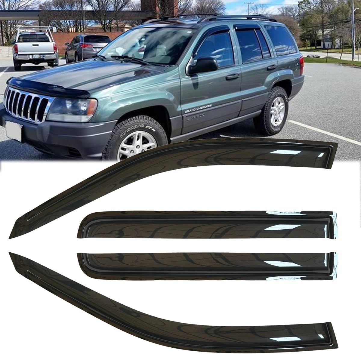 4pcs Original Shatterproof Rainproof Side Window Wind Deflectors for 1999-2004 Jeep Grand Cherokee,Tape On Rain Guard Set,Window Visors for Cars,Car Accessories,Vent Deflector for Cherokee 99-04 94650