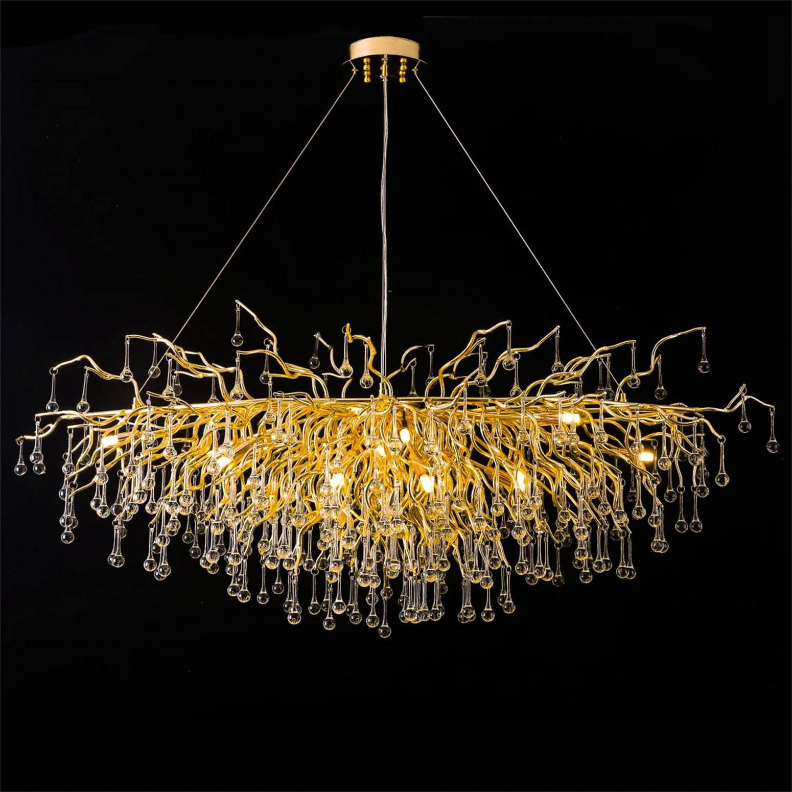 Lustre branches d'arbre dorées et luminaire suspendu cristal moderne de salon