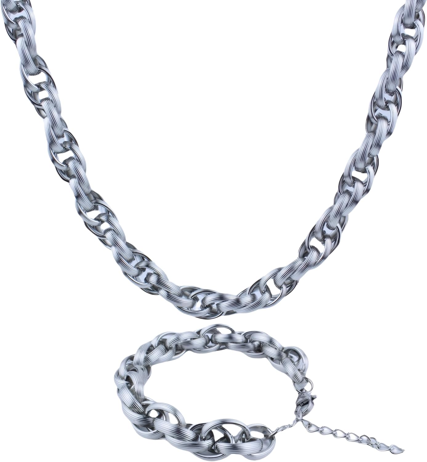 Men's Stainless Steel Chain Necklace and Bracelet Set, 316L Polished Brushed Oval Link