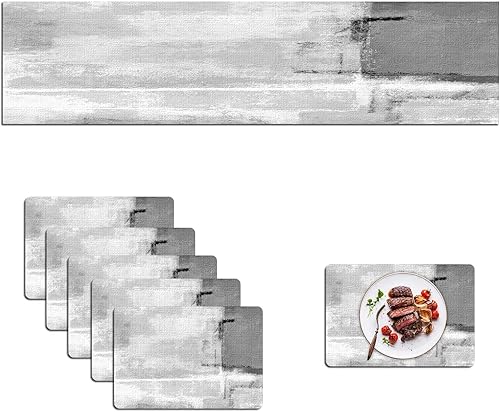 Miniatura 1 de Mcalk Juego de 6 manteles individuales y camino de mesa gris oscuro, manteles individuales de tela para interiores para cocina, manteles