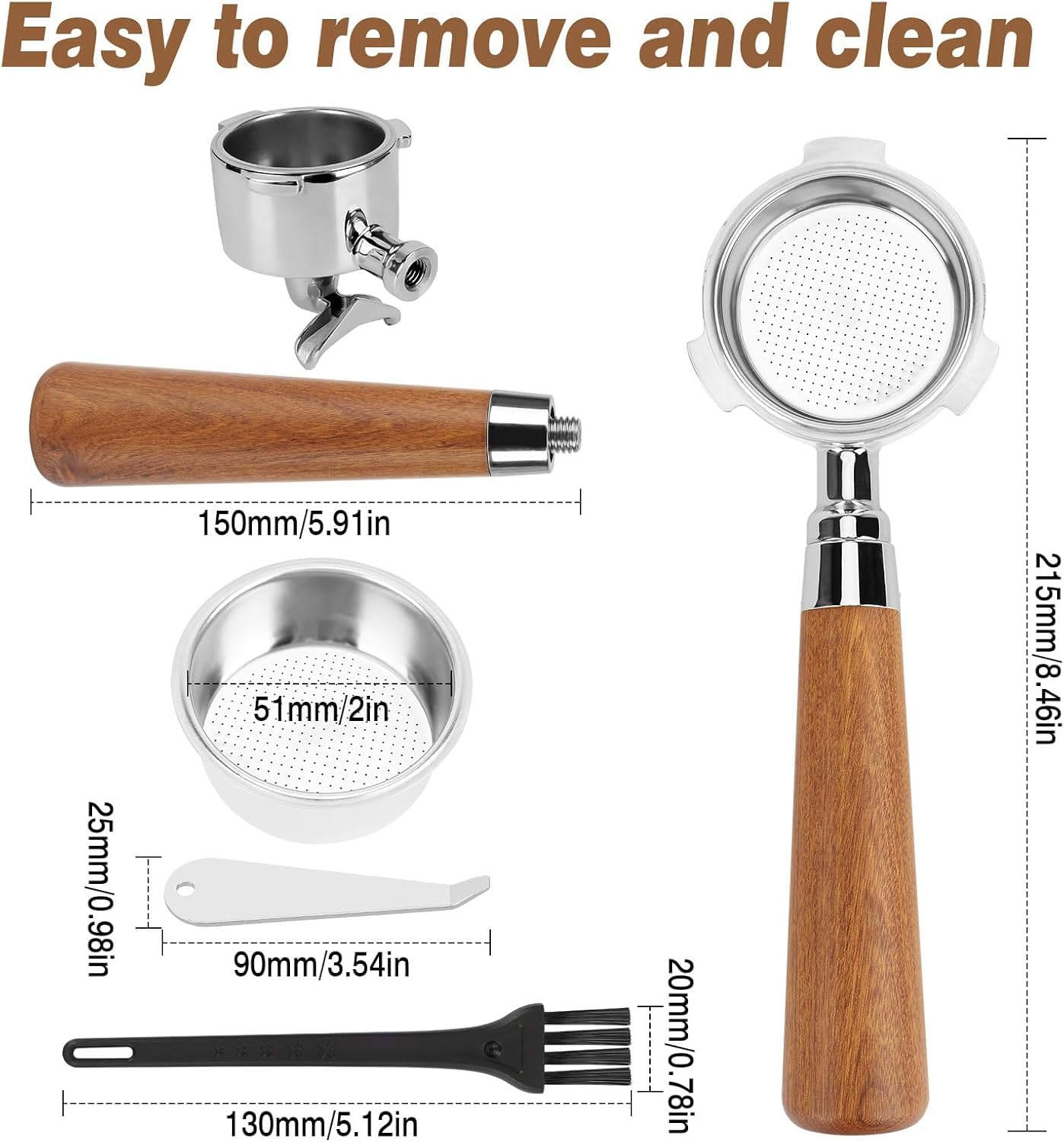 51mm Siebträger für DeLonghi Dedica EC680/EC685, doppelte Ausgüsse, inkl. 1 Filterkorb aus Edelstahl, Puck-Sieb und roter Säureholz-Griff