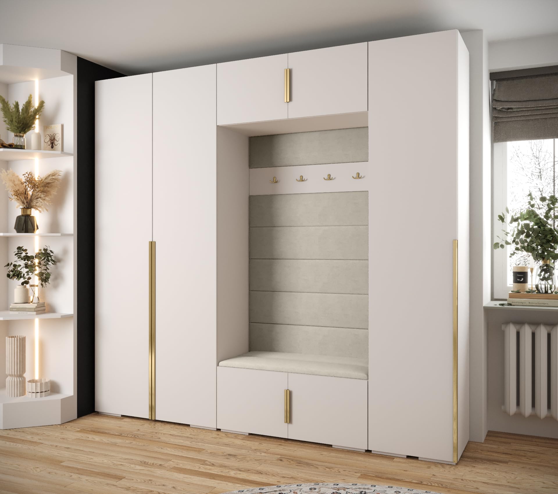 ABIKSMEBLE Inova 1 Ensemble de Meubles - Garde-Robe Moderne - pour Chambre à Coucher, Salon, Entrée, Chambre d'enfant - Meuble de Rangement pour Dressing - 236,7x250x47cm - Blanc, Manila 02, Or