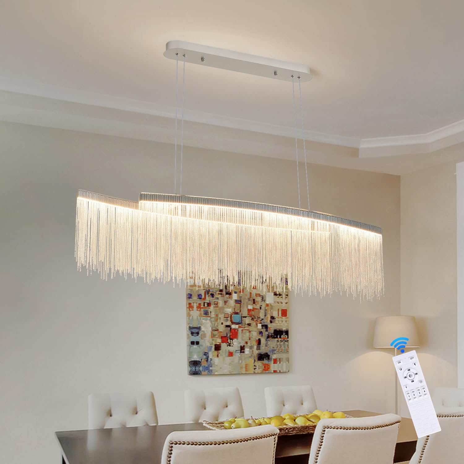 Aluminum Tassel Linear are Deco Rectangular Chandelier,LED Kitchen Chandeliers Over Table, Hanging Light Fixture for Dining Room with Remote Control L47 L47 Inch