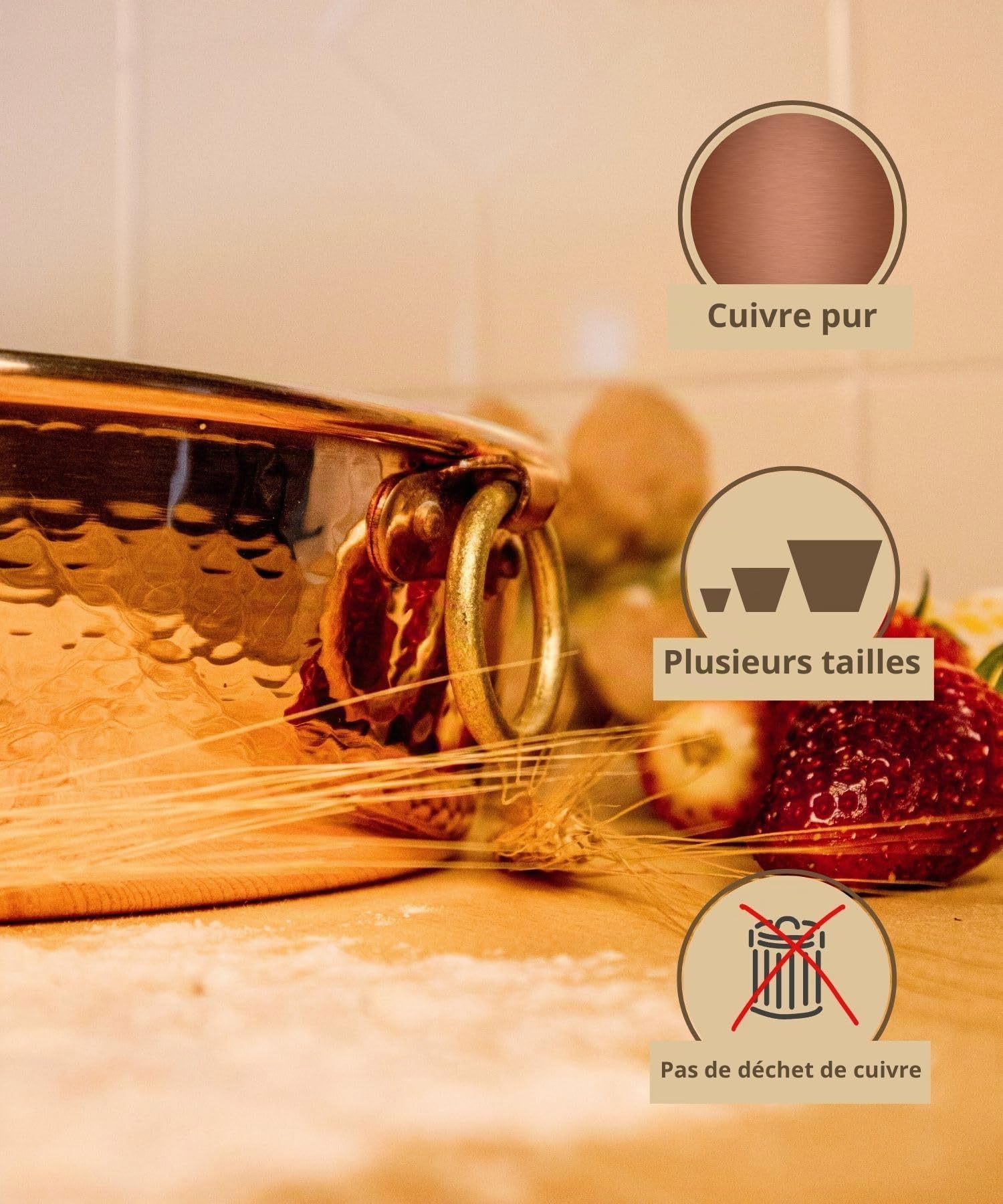 CREARTISTIC Moule à tarte et gâteaux rond en cuivre étamé - 24 x 6.5 cm, 2L, Haut, Fait main, Fabriqué en Italie