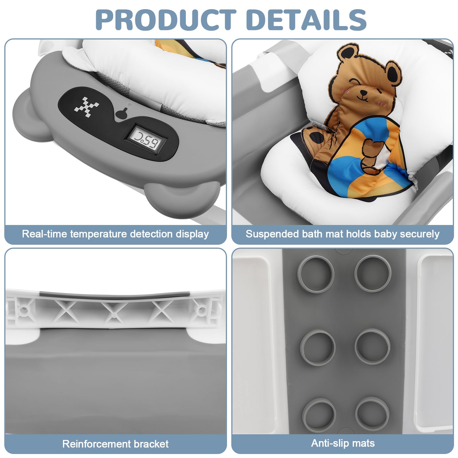 Kasanni Vaschetta da Bagno Pieghevole, Vaschetta Bagnetto Neonato con Indicatore di Temperatura, Vaschetta da Bagno Portatile con Tappetino Antiscivolo, Foro di Drenaggio, per Bambini da 0 a 36 Mesi
