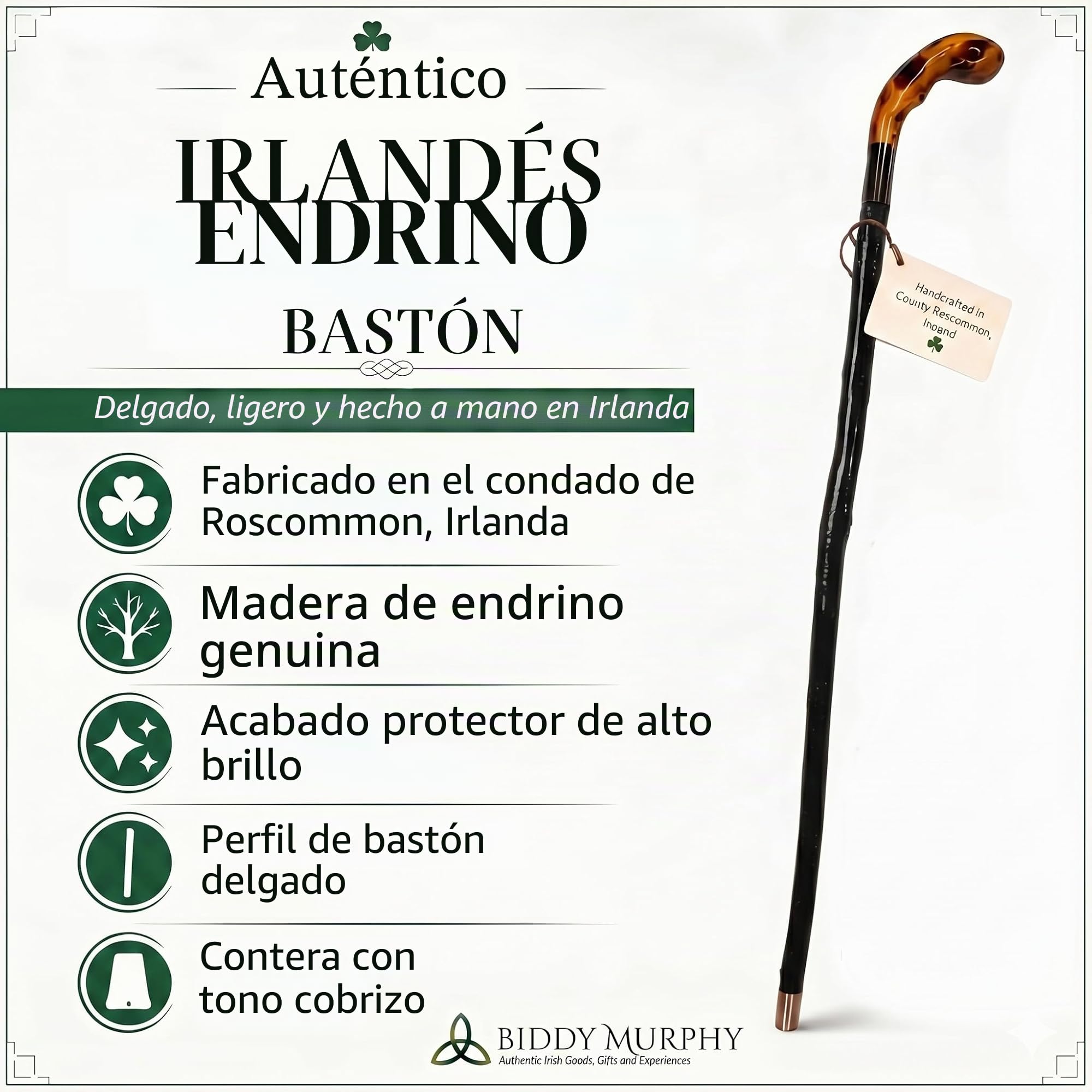 Biddy Murphy Shillelagh - Bastón de Madera de espino Negro Hecho a Mano, Fabricado en Irlanda, Acabado Lacado Negro | Bastón de madera de espino 100% hecho a mano, asas únicas, lacado negro de alto brillo, 36 pulgadas de largo