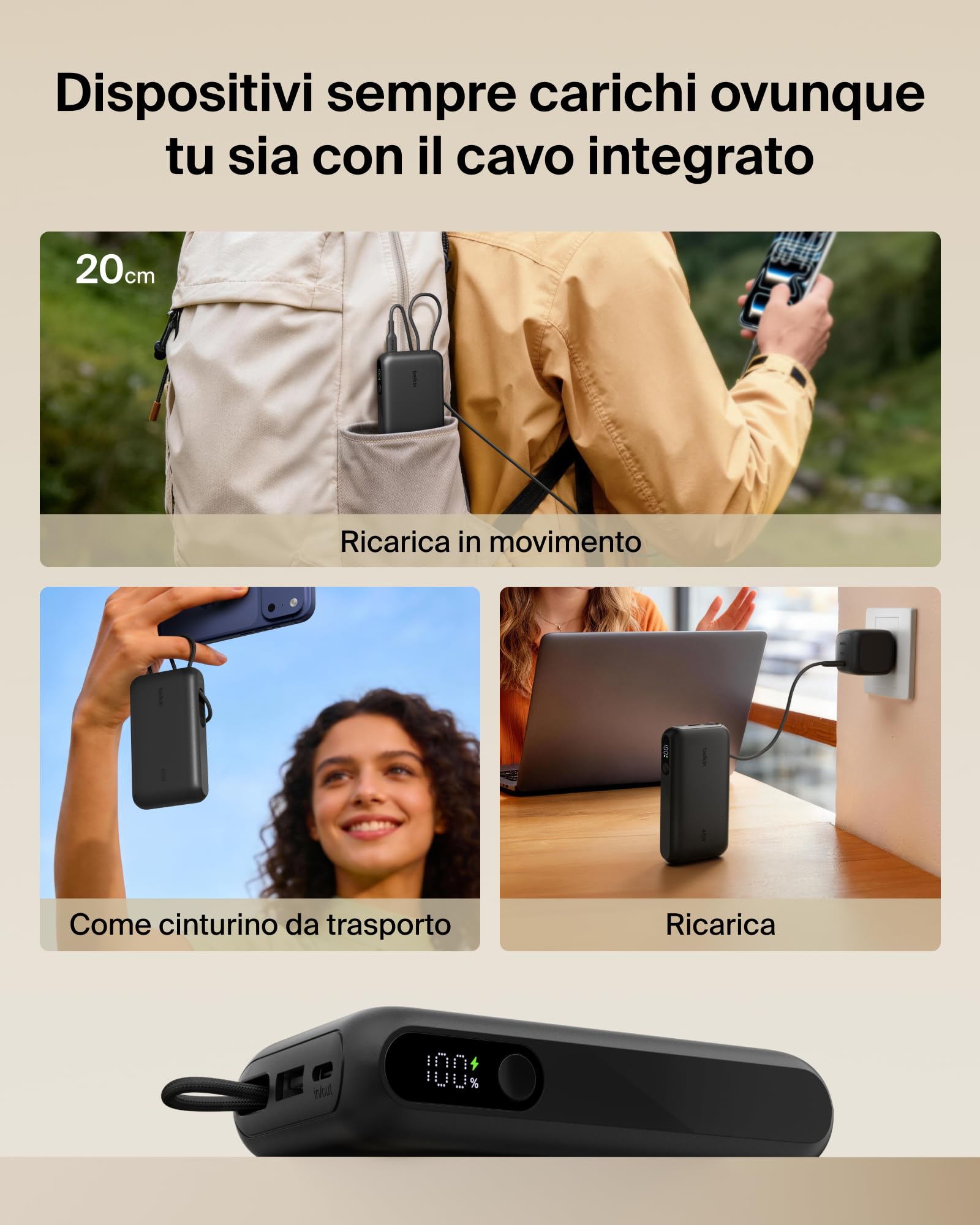 Belkin UltraCharge Power Bank 10000mAh con Cavo USB-C e Display - Nero | Caricatore Portatile 10000mAh, Ricarica 3 dispositivi (1 USB-C, Cavo USB-C Integrato, 1 USB-A), 45W, Pre-Caricato, Display