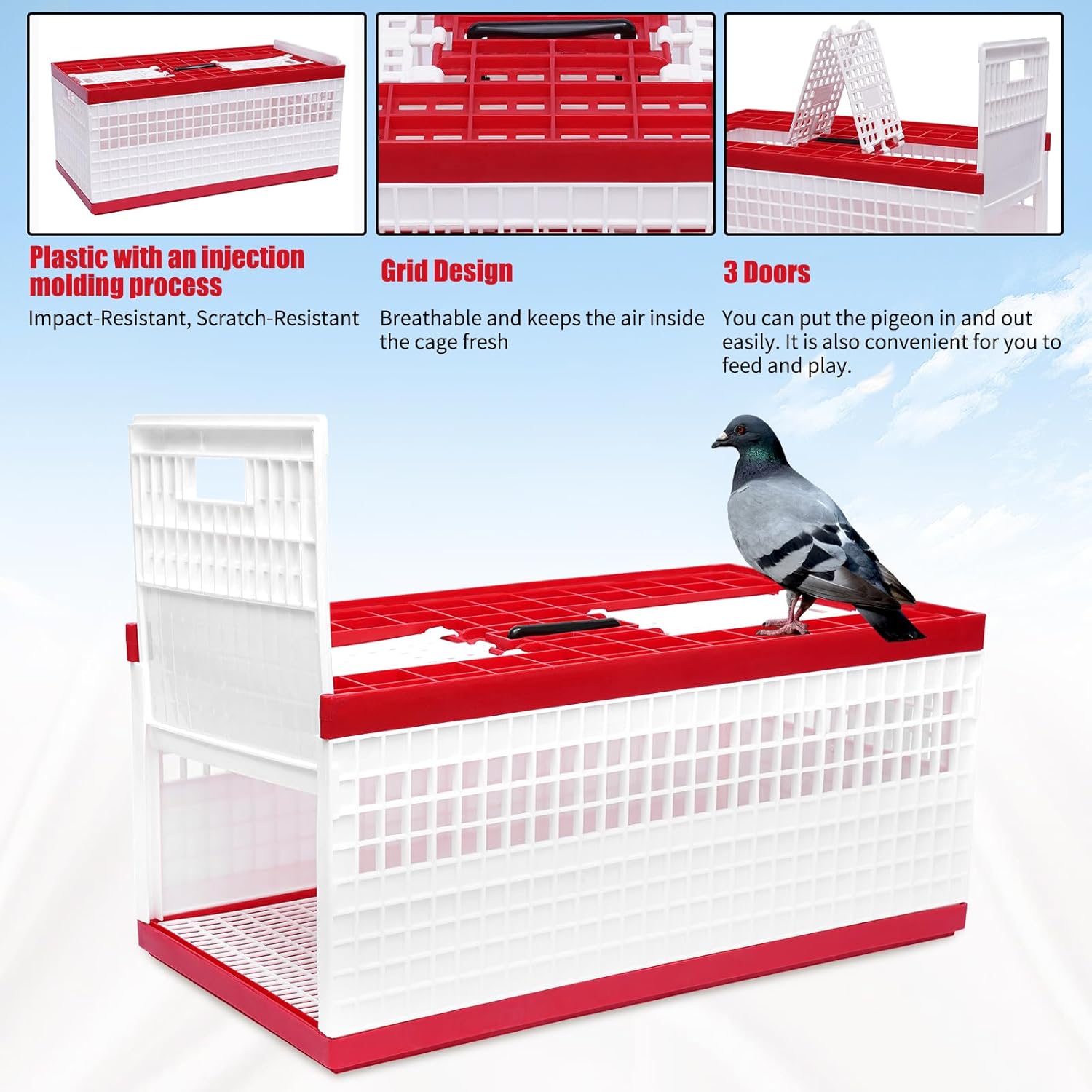 Racing Pigeon Carrier Box, 60 x 31 x 23 Cm Bird Training Basket Folding Pigeon Training Release Cage with 2 Side Doors + 2 Top Department