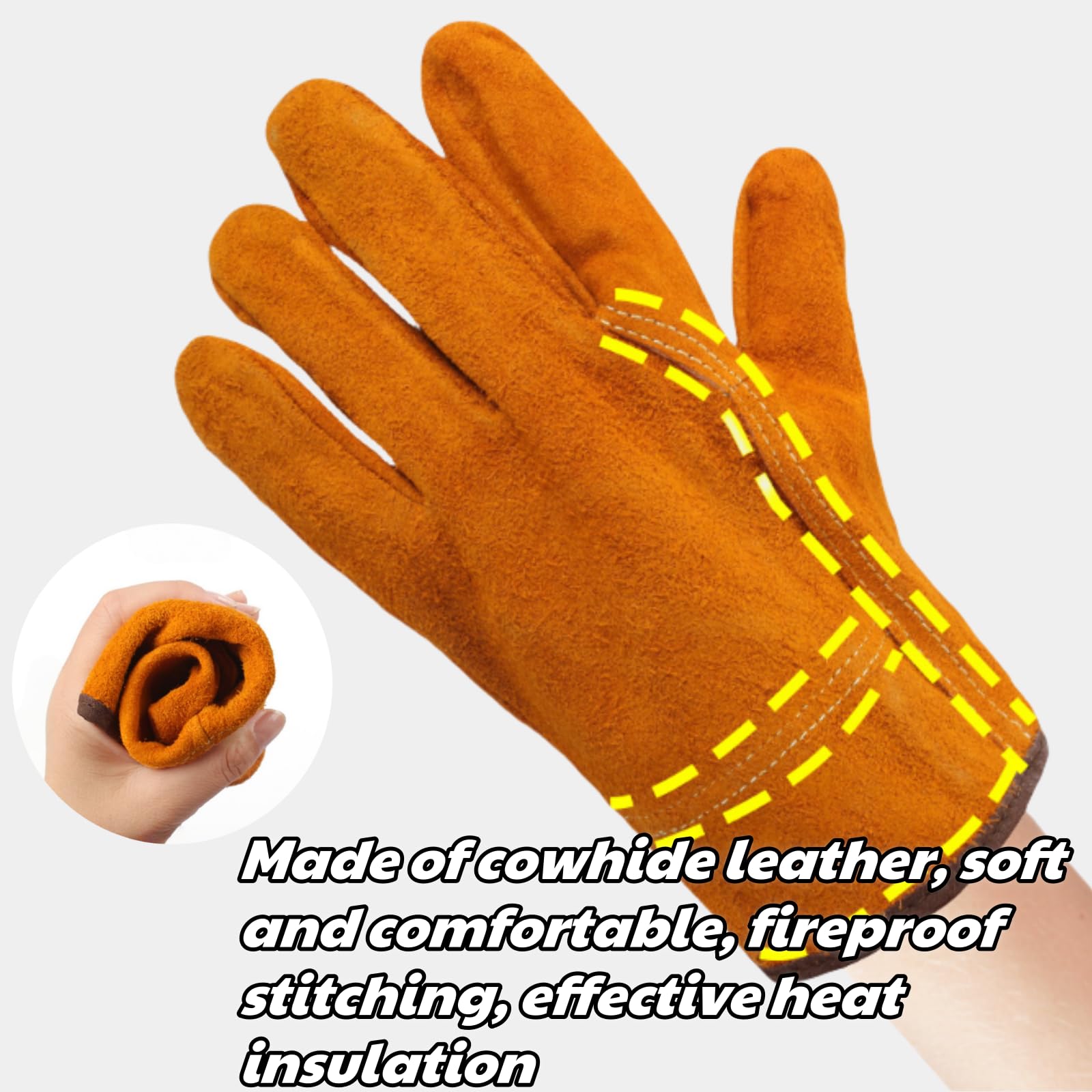 Tokaneit 2 Piezas Guantes Soldador Profesionales, Guantes Jardinería Cuero, Guante Cuero Soldadura, Doble Costura en Los Dedos, para Soldar Electrodo, Barbacoas, Jardinería, Amarillo