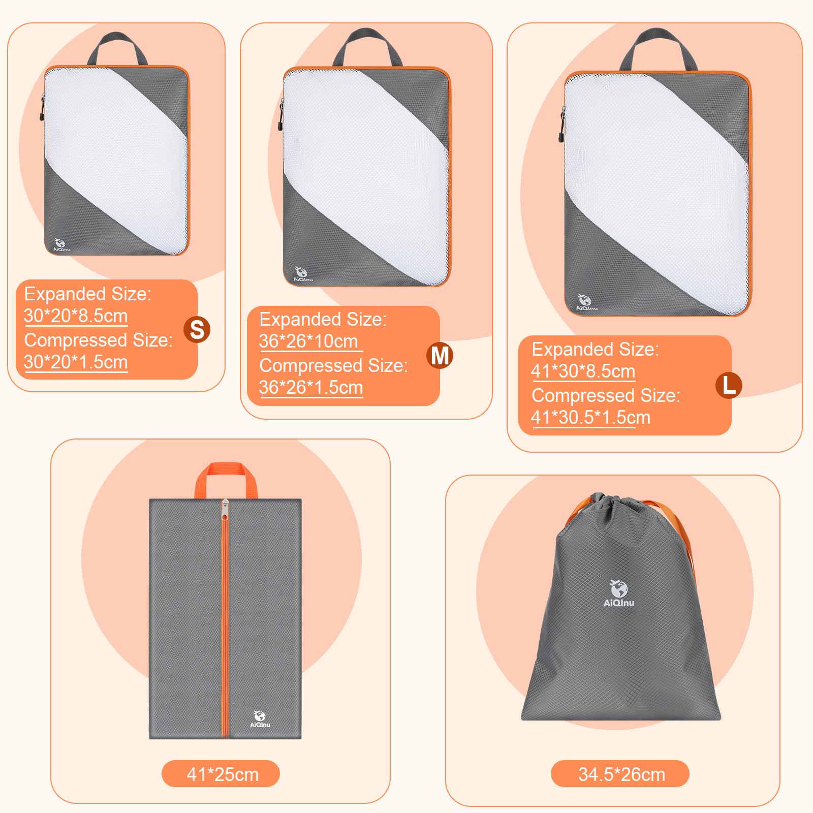 AiQInu Organizer Valigia 5 Pezzi Set, Compressione Packing Cube Salvaspazio Espandibile Ultraleggero Viaggio Organizer per i Vestiti,Scarpe,Intimo Set da Viaggio per Zaini o Bagagli a Mano