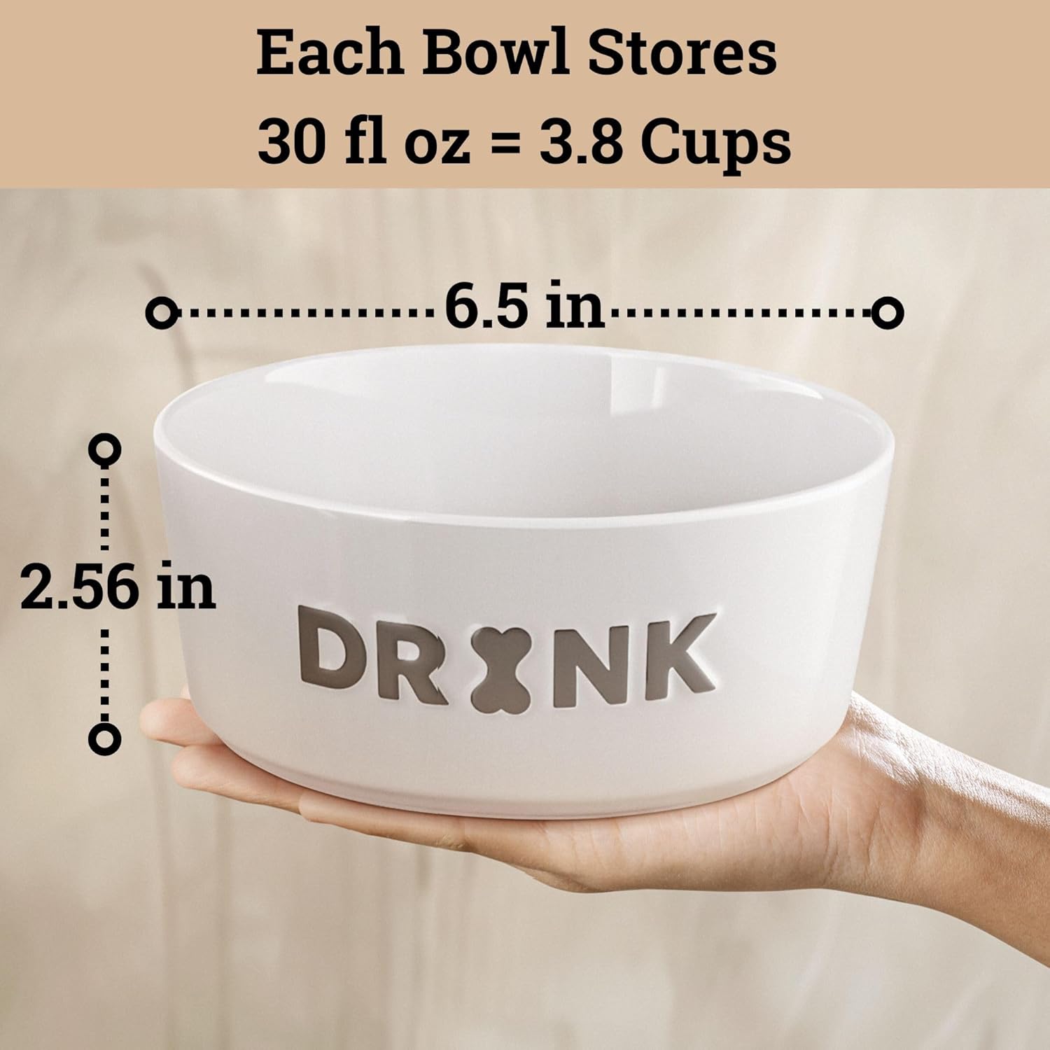 Ceramic Dog Bowl Set of 2 with Anti-Skid Base - 6.5" Wide x 2.5" Tall Ceramic Dog Bowls Medium Sized Dogs - 3.8 Cup Capacity Food and Water Bowls for Dogs - Rubber Bottom Pet Bowl Set of 2 Medium Size