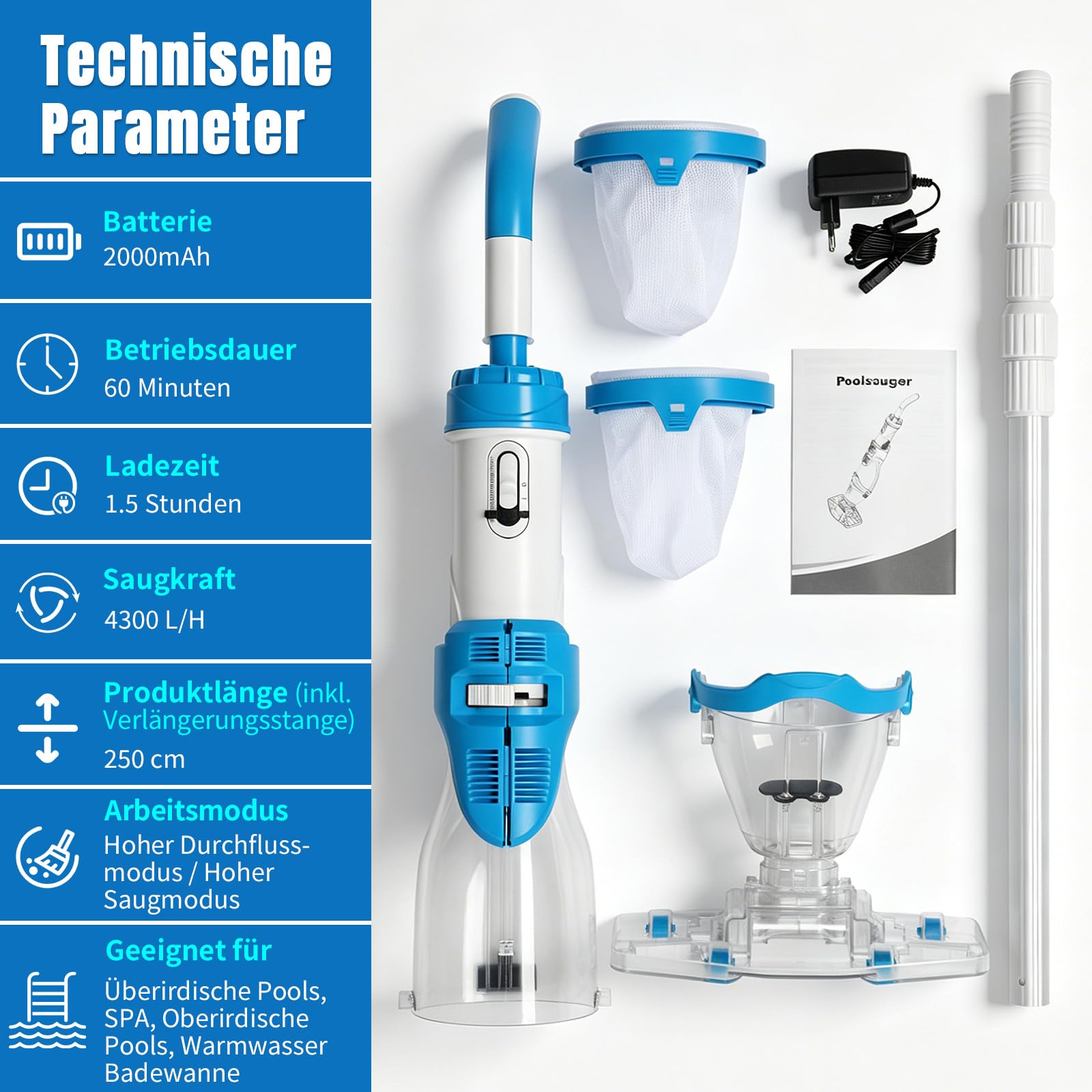LEADZM Poolsauger Akku, Handsauger, Bodensauger bis zu 60 Minuten, Absaugung bis zu 4300L/H, Pool Sauger mit 250cm Teleskopstange, Poolreiniger mit 2 Filter (Blau)