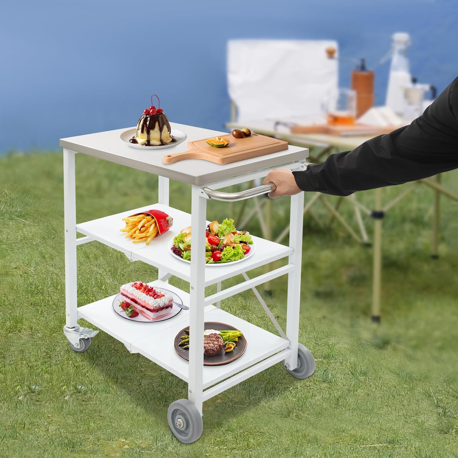 Folding Outdoor Grill Cart with Wheels, 3-Shelf Grill Table with 27x18in Stainless Steel Top, Rolling Pizza Oven Stand, Metal Portable Cart, Griddle Table for BBQ Patio Camping (Silver, White, Grey)