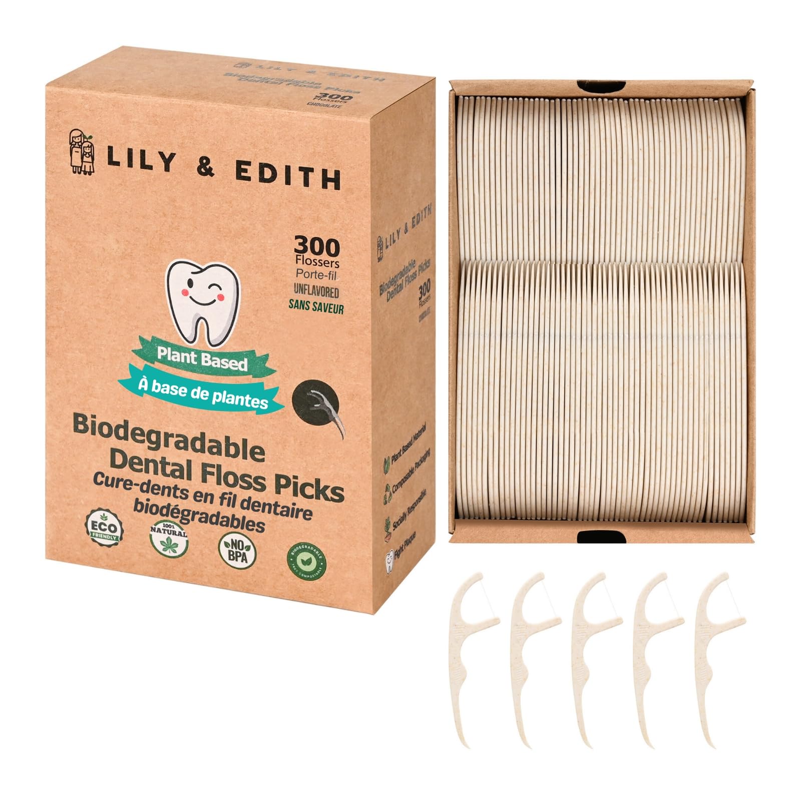 LILY & EDITH Plant Based Dental Floss Picks Adults and Kids 300 Counts, Fluoride-Free, Plant Based Straw Wheat, Earth Friend, Zero Waste Package,