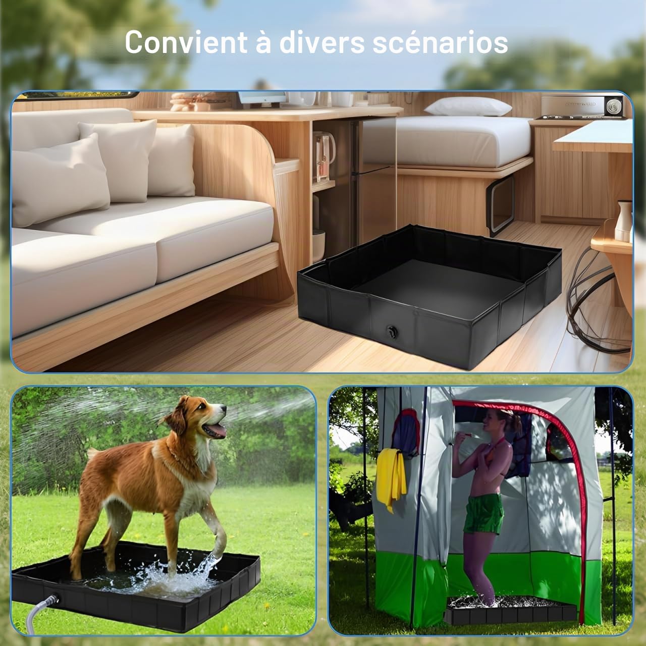 Baignoire pliable de camping 104 x 104 x 13 cm Baignoire portable avec évacuation, base de douche pliable, grande baignoire de tente pour camping-cars, camping, douche de plage et bain pour