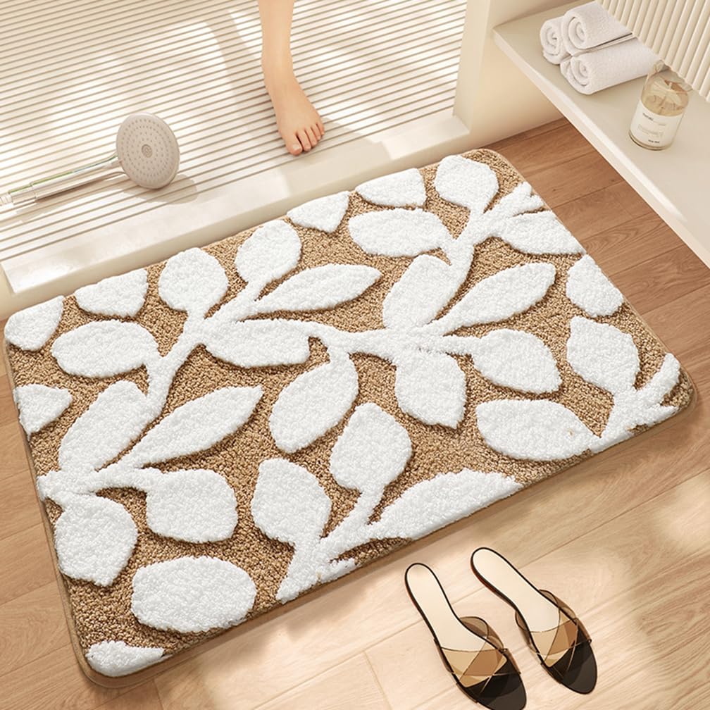 Cute Leaves Bath Mat Soft Shaggy Microfiber Leaf Bathroom Rugs Water Absorbent Non Slip Washable Small Bath Rug for Bathroom Floor,Laundry Sink,Indoor Entrance Doormats Home Decor 16" x 24"