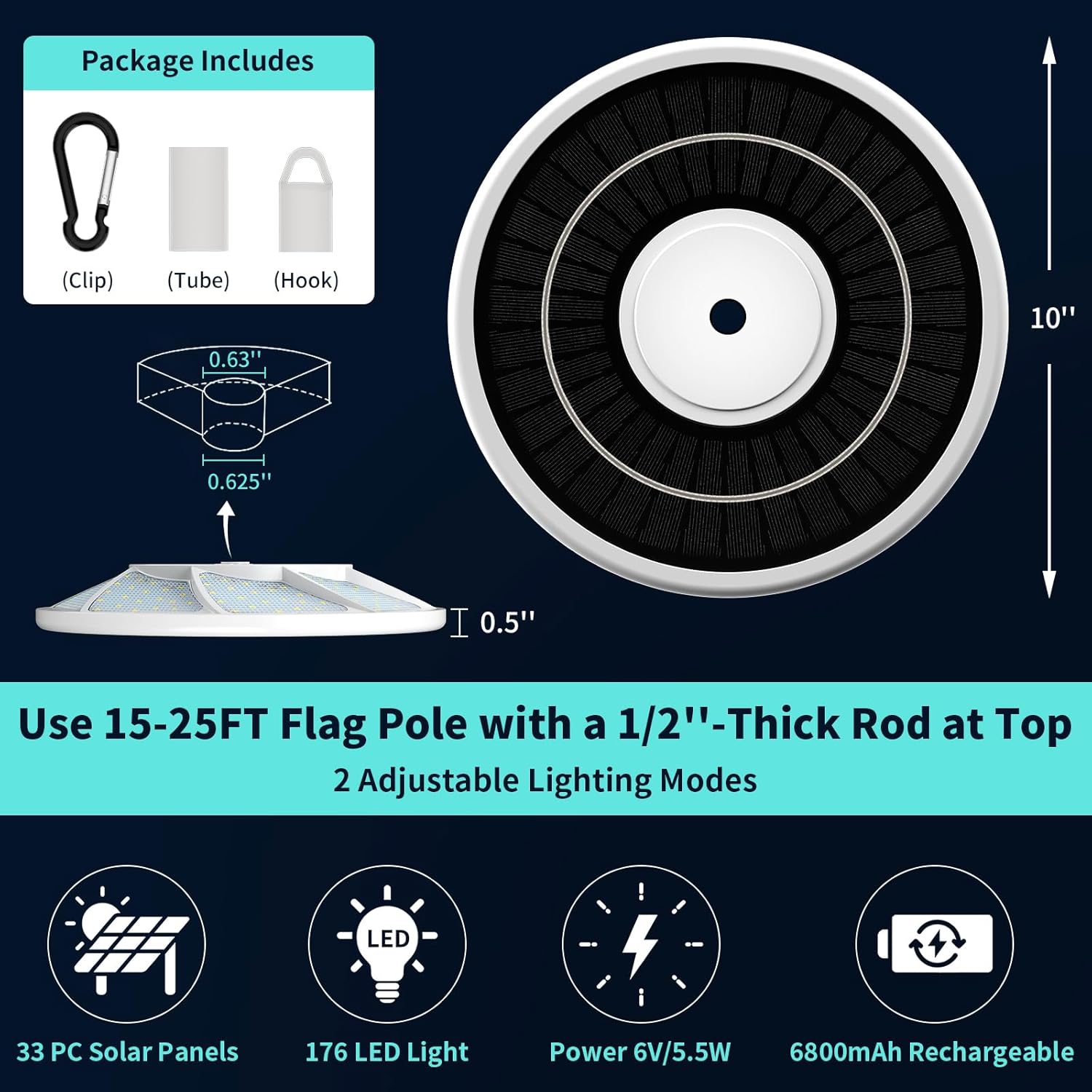 HOOPLE Solar Flag Pole Light, 176 LED Super Bright Flagpole Light for 15-25 Ft In-Ground Poles, Solar Powered Dusk to Dawn Lighting (White)