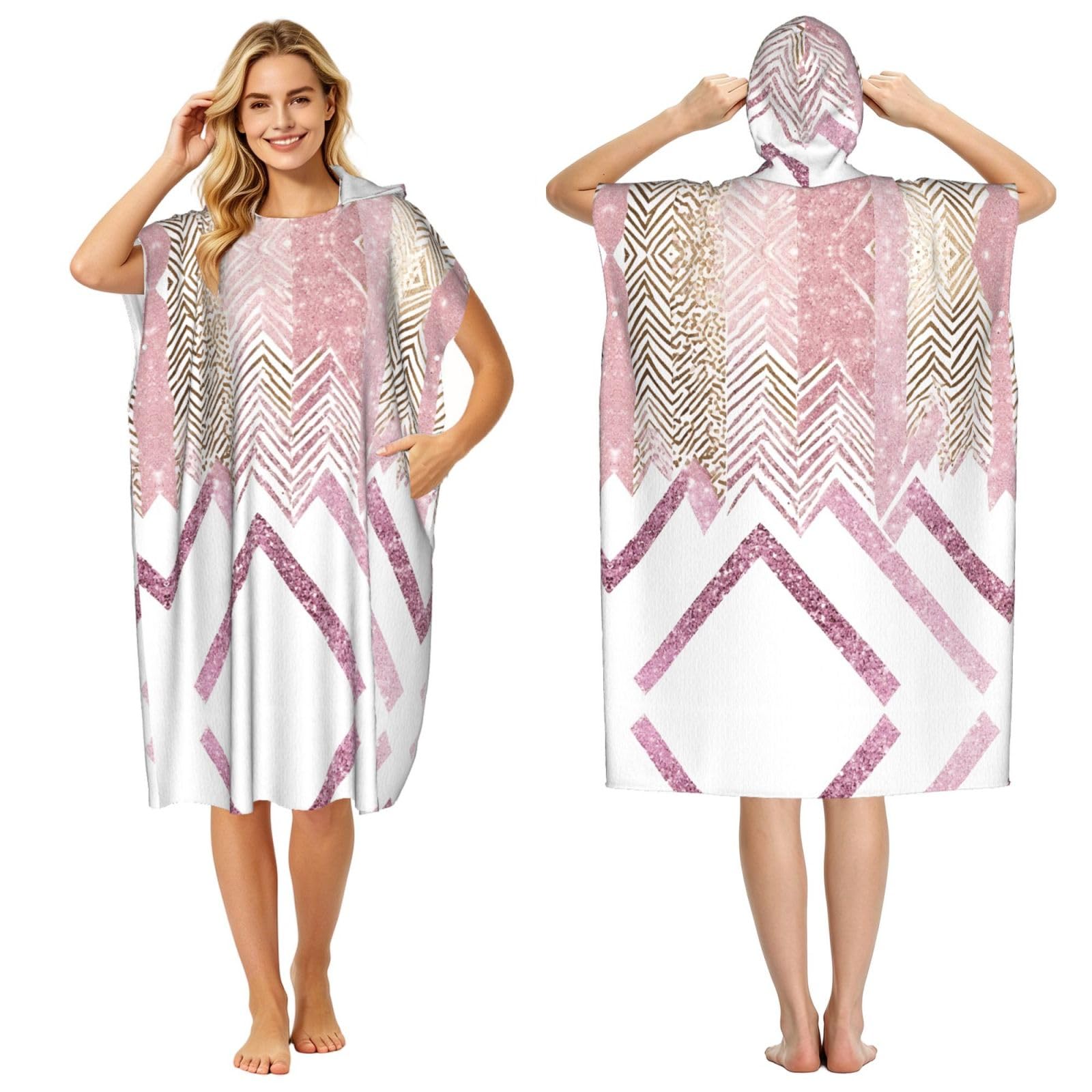 EZDLOWVBA Glittery Pretty Pattern Print Hooded Poncho Microfiber Beach Towel,Adult Women & Men Changing Robe,Lightweight Summer Surf Swim Bath Poncho Towel