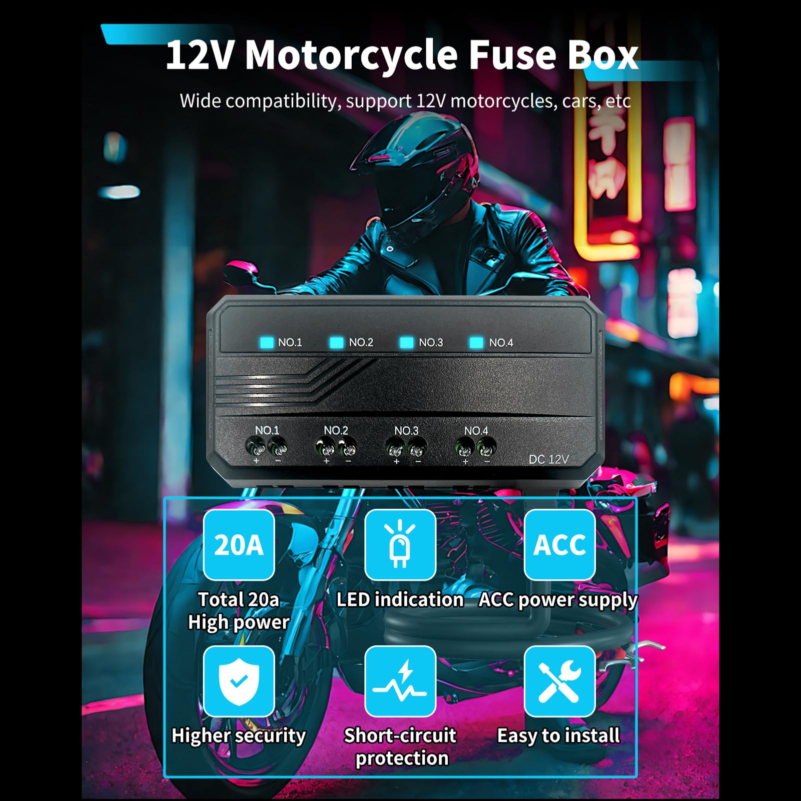 Luocute Boîte à Fusibles de Moto 12 V, Bloc de Fusibles Universel à Profil Bas 20 A avec Indicateur LED et 4 Circuits, pour Voitures, VTT, UTV, Bateaux et Autres Véhicules 12 V