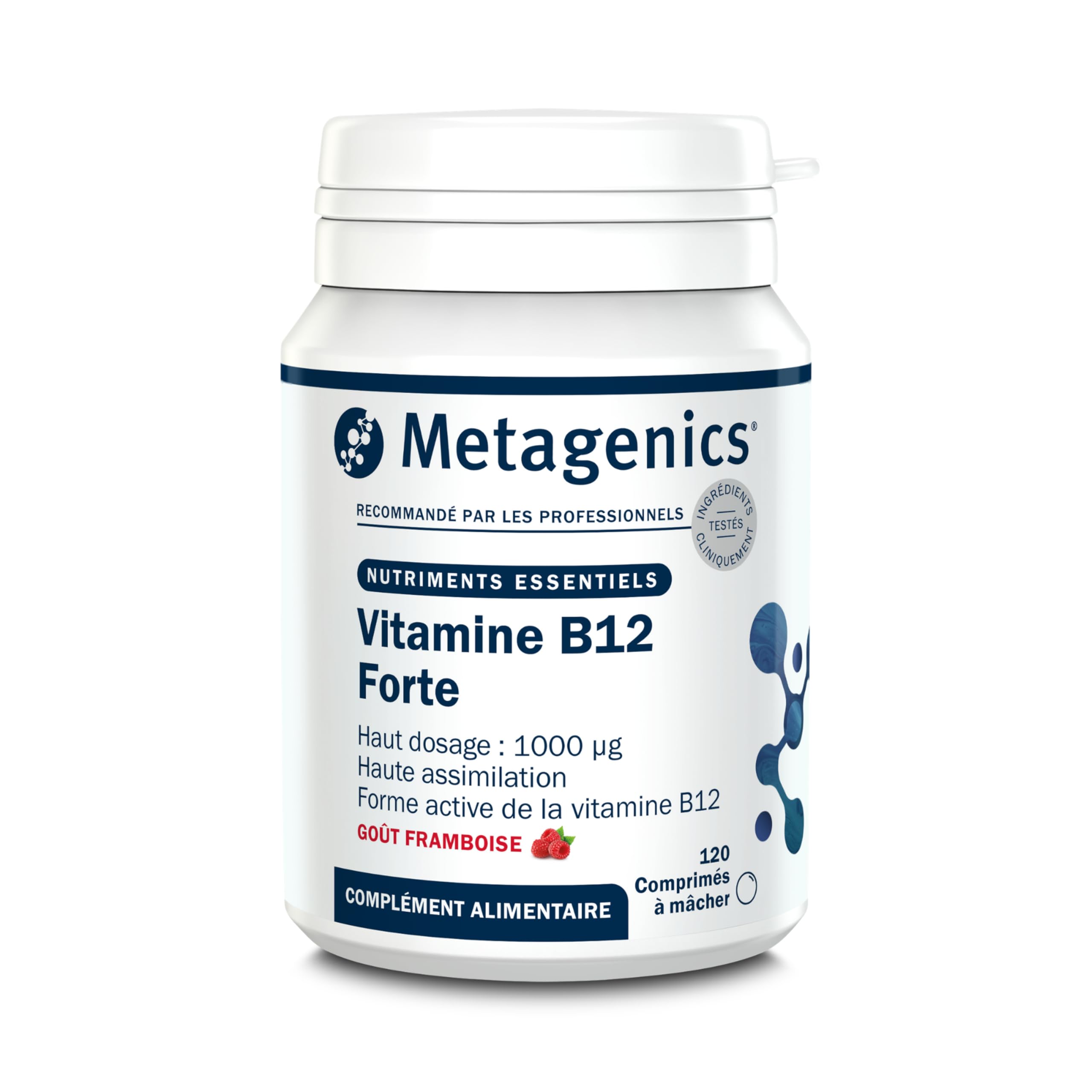 Metagenics Vitamine B12 Forte 1000 μg - Soutien de l'énergie et du système nerveux, réduit la fatigue, 120 comprimés à croquer goût framboise