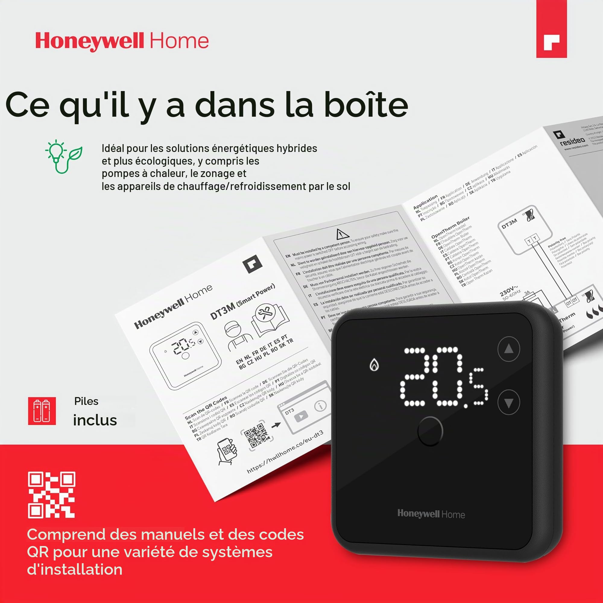 Thermostat d'ambiance Honeywell Home, facile à lire, affichage LED économe en énergie, filaire, noir