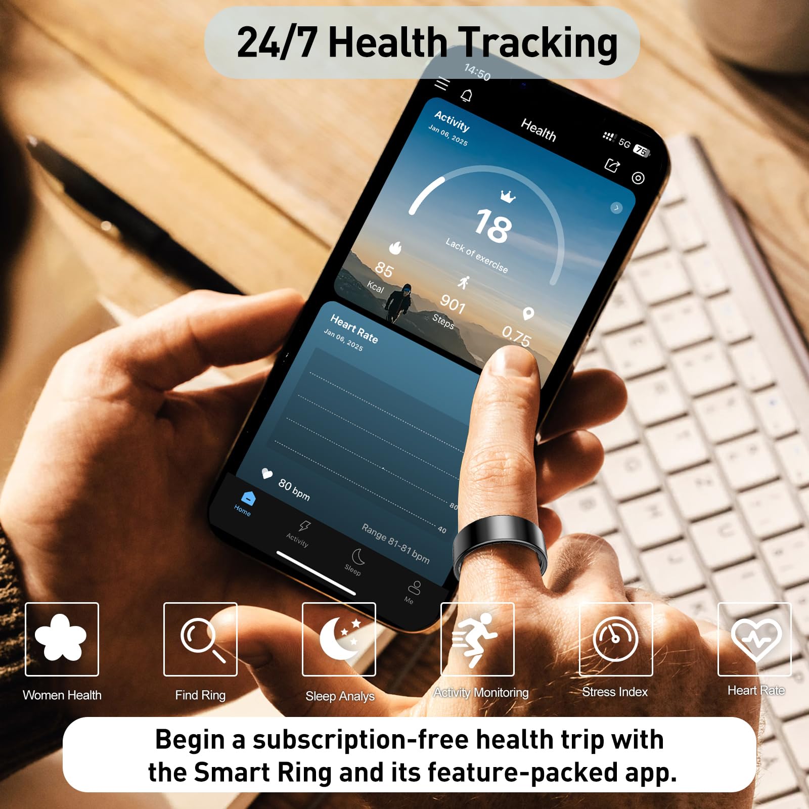 Bague de santé intelligente pour homme et femme avec fréquence cardiaque, oxygène dans le sang, surveillance du sommeil, comptage des pas, étanchéité IP68 pour iPhone et Android, pas de frais