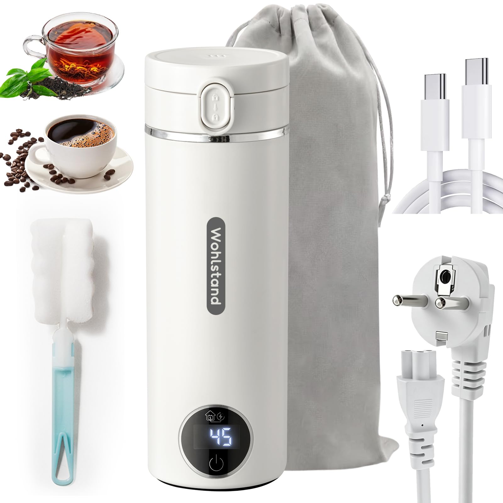 Elektrischer Reisewasserkocher 500 ml mit USB-C & 300 W, 6 Temperaturstufen | 316-Edelstahl, beidseitiges USB-C Kabel, 300W Netzkabel, 24h Warmhaltung, Tragbarer Wasserkocher Klein für Camping Car, Weiß
