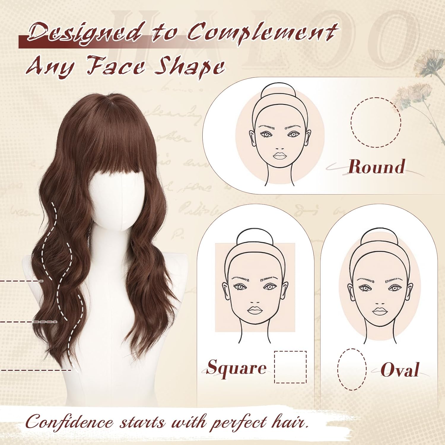 Haloo Brown Wigs with Bangs - 20 Inch Long Soft Wavy Natural Looking Synthetic Heat Resistant Hair Wig for Women Daily Party, Reddish Brown