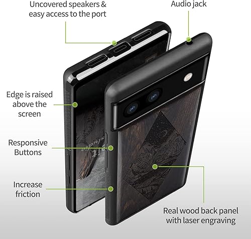 Miniatura 9 de Carveit Funda de madera para Pixel 6a 2022 madera natural y TPU suave negro a prueba de golpes, funda de madera única y elegante compatible con