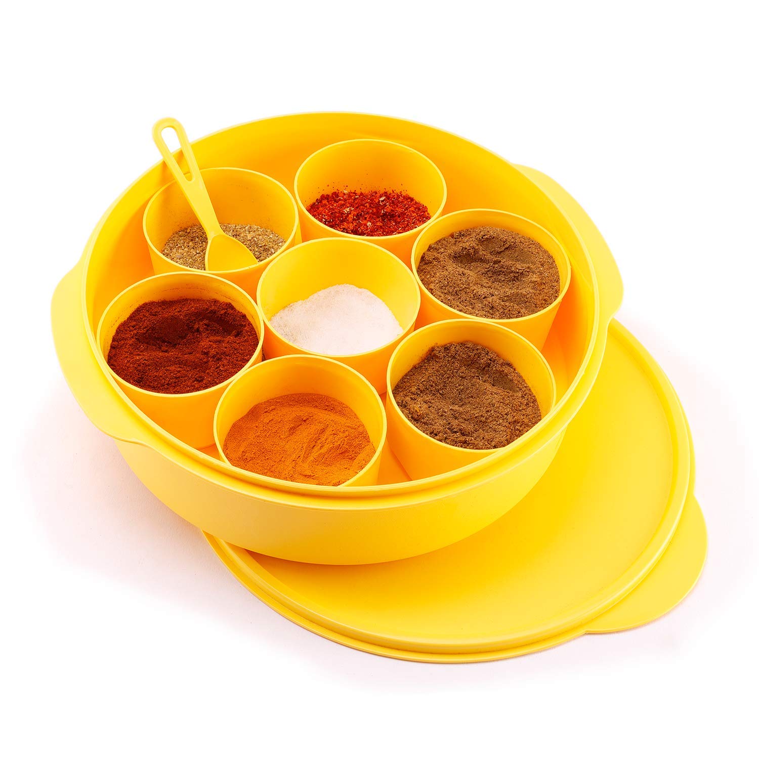 OlivewareSOPL- (logo) with Device Plastic Masala Box with Spoon - 700 microliters, 7 Containers with Spoon, Yellow