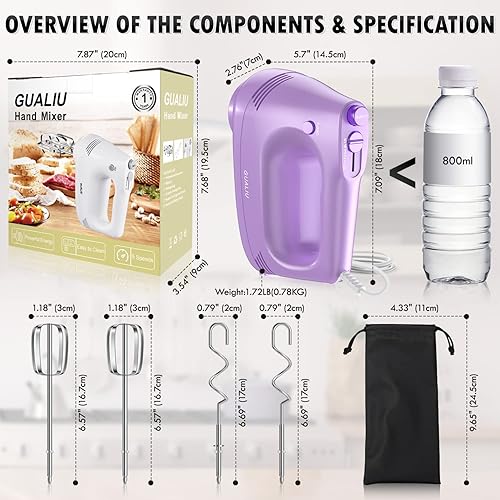 Miniatura 7 de Batidora de mano eléctrica con batidor de acero inoxidable, accesorio de gancho para masa y bolsa de almacenamiento, batidora manual para hornear